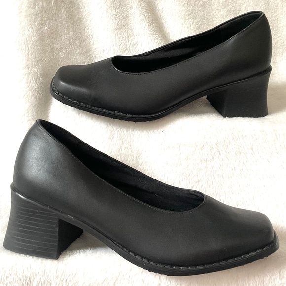 Black SHOES FOR CREWS Leather Minimalist Comfort Mid Block Heel Work Pumps Sz 6 - Picture 2 of 12